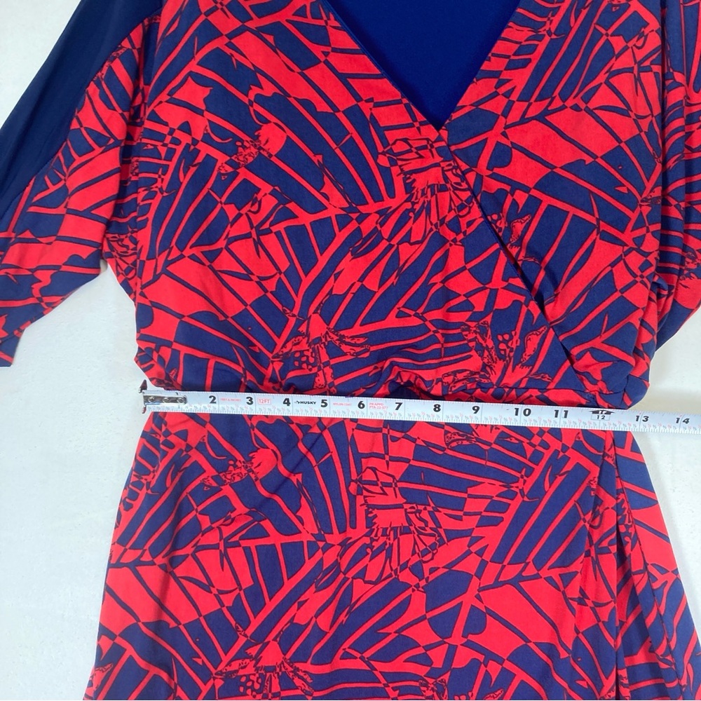 Sangria Red Navy Geometric Wrap  Dress V neck Size 14W Tie Dolman Sleeve - Picture 10 of 16